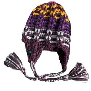 Volcom cable knit tasseled brown rainbow beanie hat LNC Adult One Size